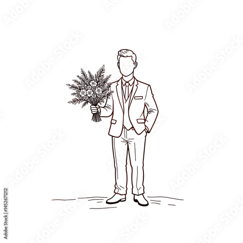 Man holding flowers, wedding attire, line art illustration, for invitations