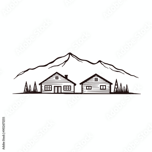 Mountain houses illustration, monochrome sketch, for branding