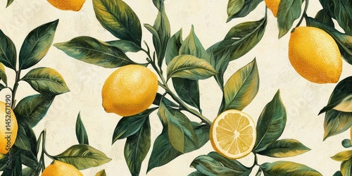 Antique floral print with vintage lemons and green leaves