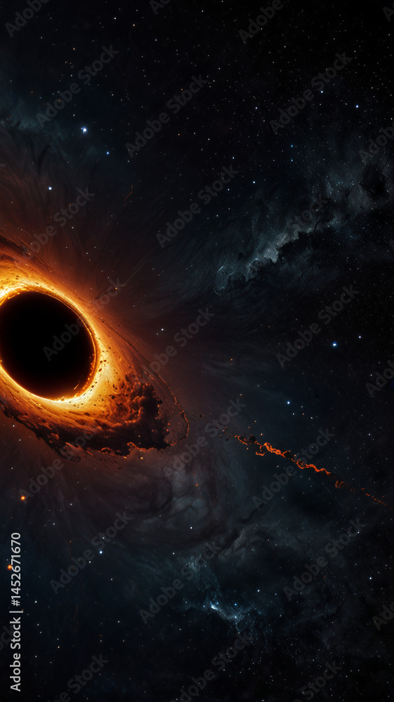 Fototapeta premium Massive black hole with glowing orange accretion disk in deep space surrounded by stars