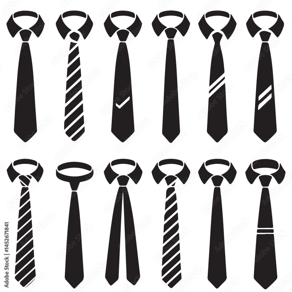 simple modern black tie or necktie icon set vector silhouettes outline coloring book page line art  vector silhouettes