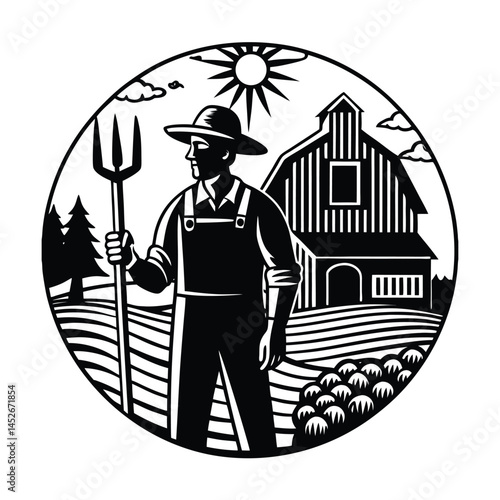 farmer with a shovel,  Vector illustration of a  silhouette on white background 