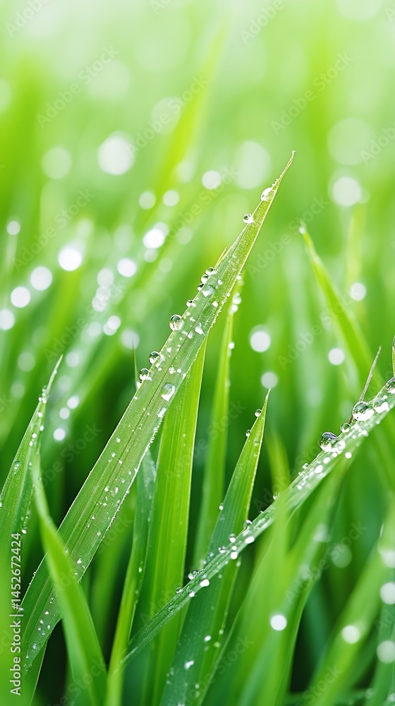 Fototapeta premium Close up of vibrant green grass blades adorned with glistening water droplets in soft light