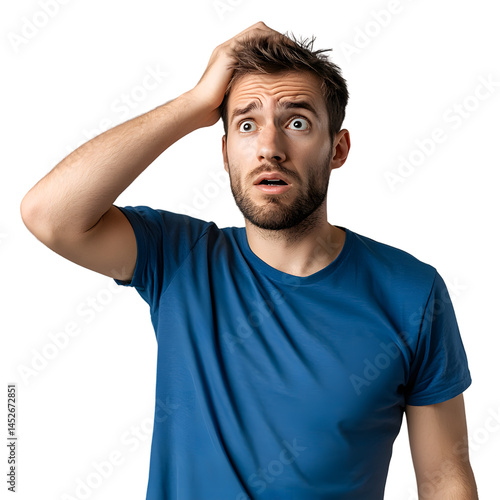 Cute Man in Blue T Shirt Thinking Pose on Transparent Background