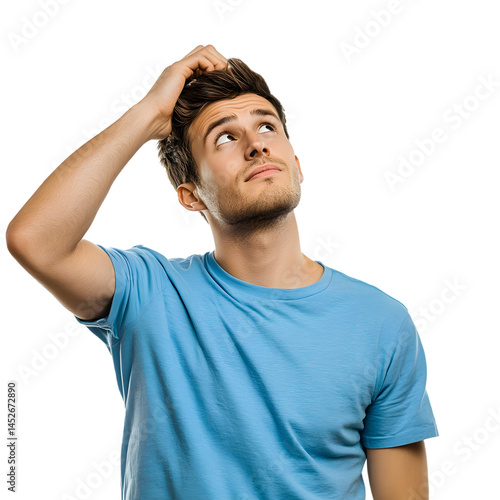 Thoughtful Man in Blue Shirt Looking Up on Transparent Background