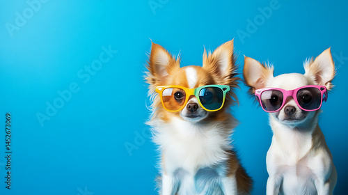 Two chihuahuas wearing colorful sunglasses against a vibrant blue background studio shot portrait