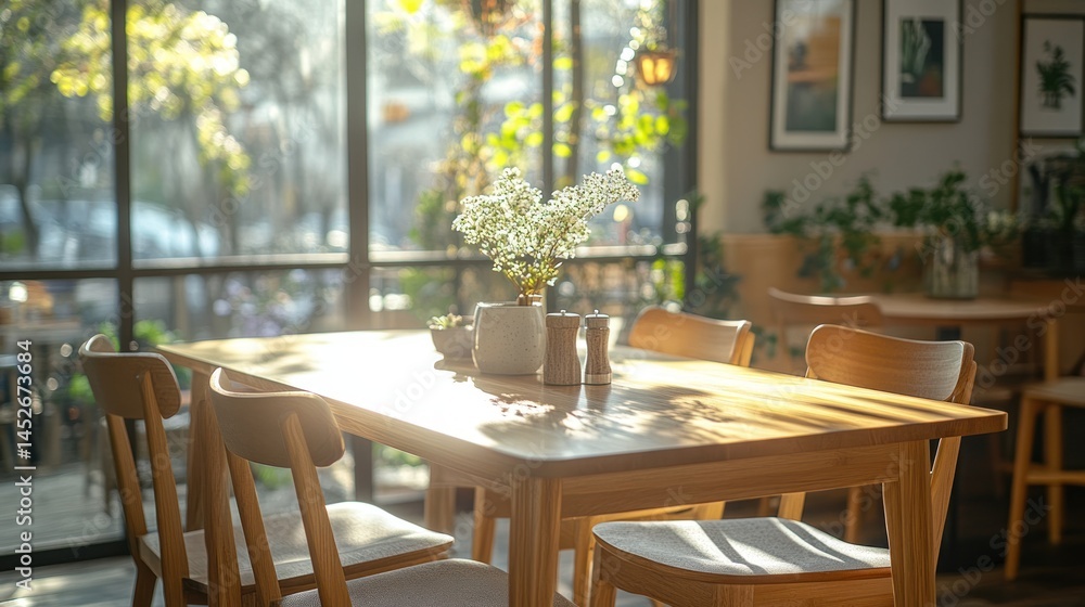 Interior view of a cafe with wooden tables chairs and natural light. Interior view of a cafe with wooden tables chairs and natural light.