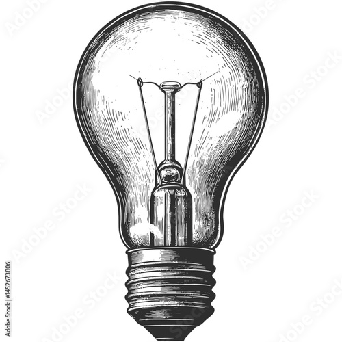 Old engraving light bulb, vintage woodcut sketch, black ink vector, retro Edison filament, classic bulb drawing, rustic style lighting art, antique home decor bulb illustration,