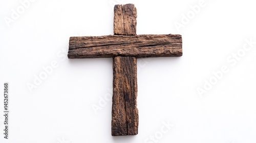 Rough wooden cross with small splinters on white background.