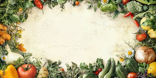 Botanical chart of seasonal vegetables with daisies and ivy in border