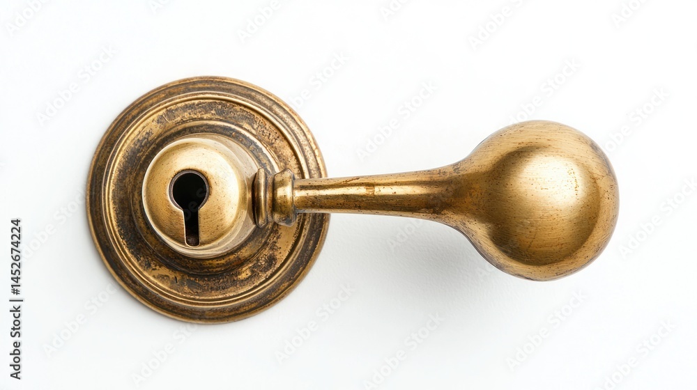 Round knob-style brass door handle with a matching keyhole, on white Round knob-style brass door handle with a matching keyhole, on white
