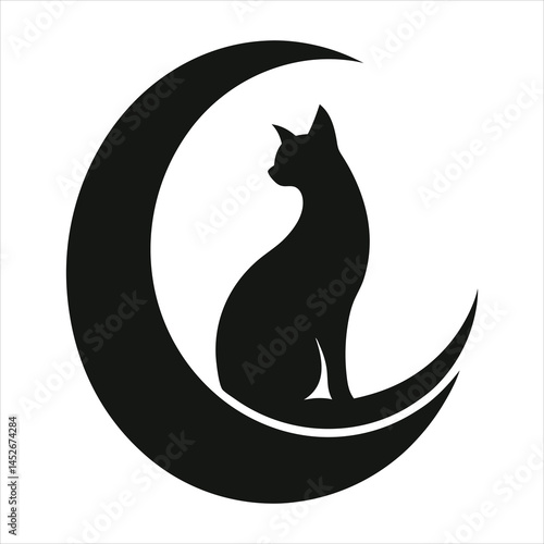 A black feline silhouette, a vector illustration of a domestic cat on a white background, depicts a simple and cute animal