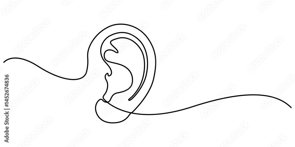 Obraz premium Ear continuous one line art drawing of isolated outline vector illustration, Human ear one continuous line . Single line editable vector drawing of the hearing part of the body. Concept of the World