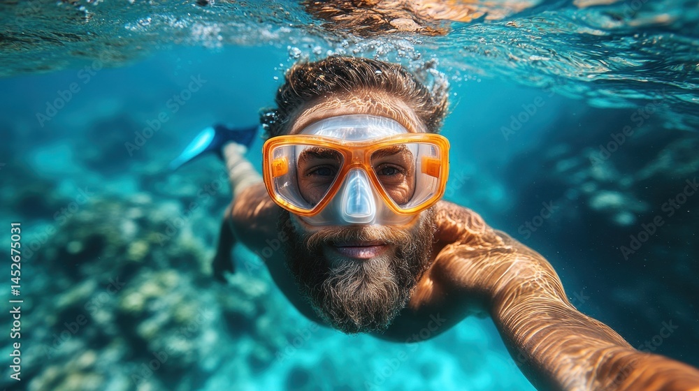 Naklejka premium Bearded man snorkeling over coral reef in clear blue ocean