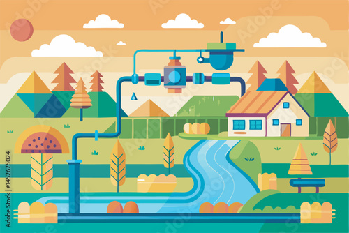 A detailed vector art illustration depicting a modern irrigation system with pipes, sprinklers, and water flow, ideal for agricultural concepts.