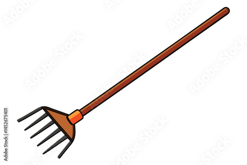 Illustration of a garden rake with a long handle on white background