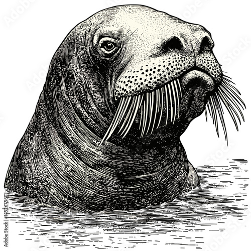 Vintage woodcut, walrus head sketch, old engraving style vector, black ink wildlife art, retro marine animal, hand drawn sea creature, classic zoological illustration, arctic mammal