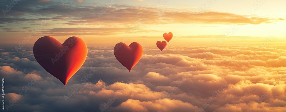 Fototapeta premium Three red hearts are flying in the sky