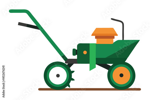 Green cartoon tiller standing on a brown ground surface ready for use