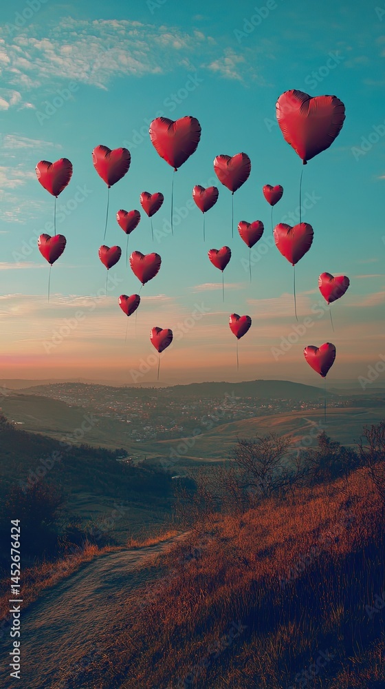 Fototapeta premium A beautiful landscape with a large number of red balloons floating in the sky