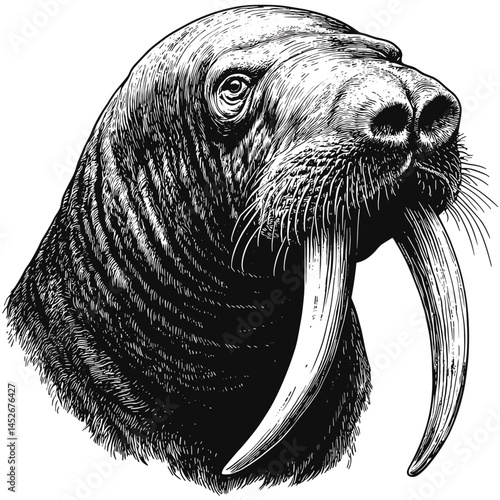 Walrus Head, vintage engraving, woodcut style vector, hand drawn marine animal, antique illustration, retro wildlife sketch, arctic ocean creature, monochrome sea life, old-style artwork