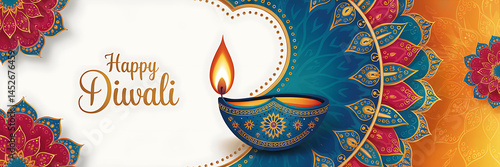 Happy Diwali Illustration Featuring Luxurious Deep Blue Gold Diya Lamp Glowing Flame Intricate Mandala Patterns Vibrant Red Blue Gold Tones on White Background for Festive Greeting Cards Invitations