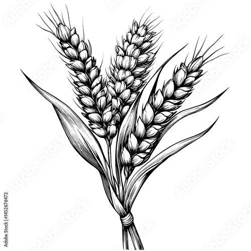 Wheat ear illustration, black vintage engraving, rustic field sketch, antique woodcut vector, hand drawn cereal grain, traditional farming design, harvest season artwork