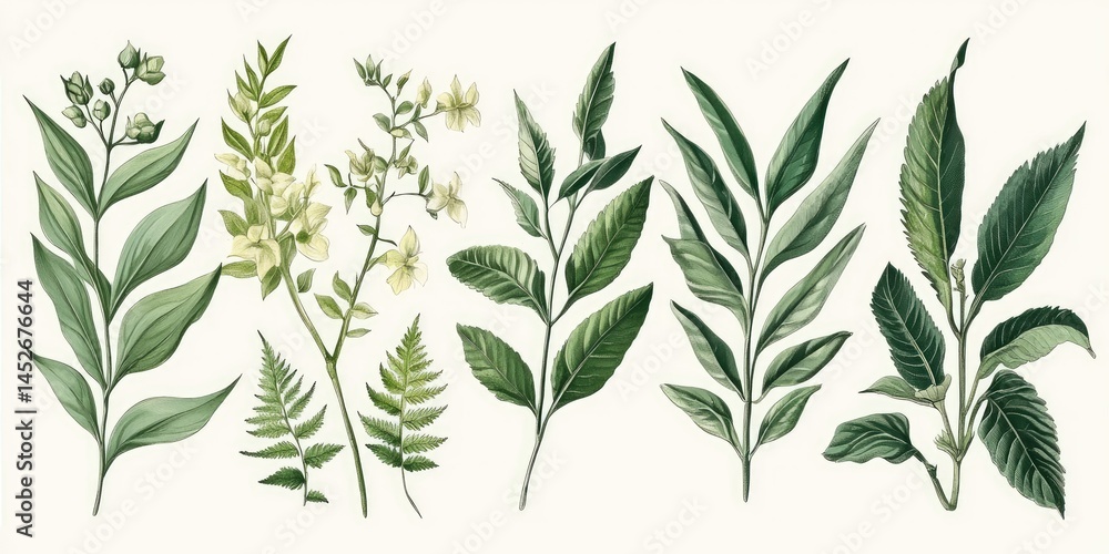 Fototapeta premium Classic botany illustration of tropical plants in green and cream tones