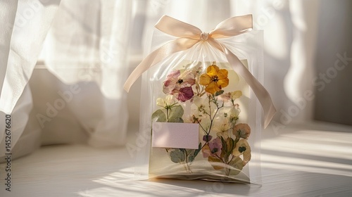 A small bag with a ribbon tied around it, containing dried flowers