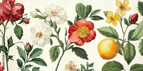 Classic chart with flower and food pairings in vintage print style