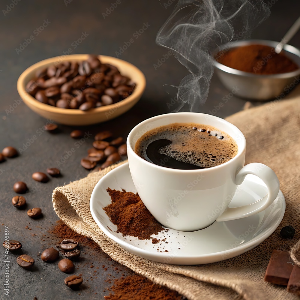 Steaming Cup of Coffee with Beans on Wooden Table Steaming Cup of Coffee with Beans on Wooden Table