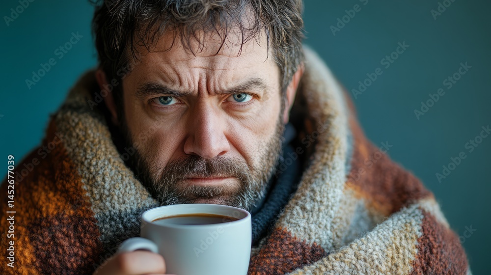 A man with a grumpy expression sits indoors, wrapped in a cozy blanket while holding a steaming cup of coffee. The chilly morning light creates a serene yet moody atmosphere A man with a grumpy expression sits indoors, wrapped in a cozy blanket while holding a steaming cup of coffee. The chilly morning light creates a serene yet moody atmosphere