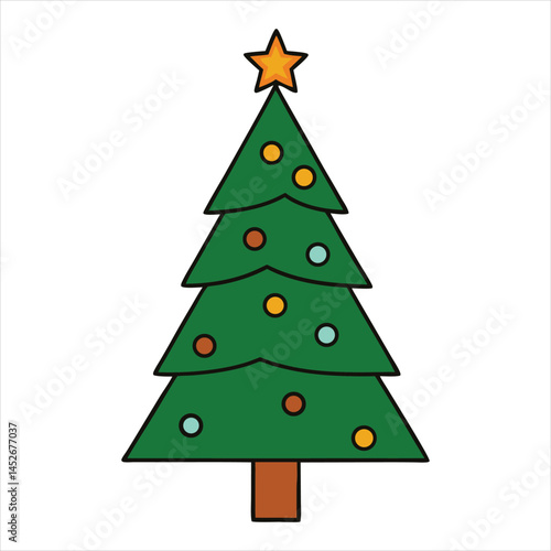 A festive green fir vector illustration depicts a decorated Christmas tree with a star ornament for holiday celebration