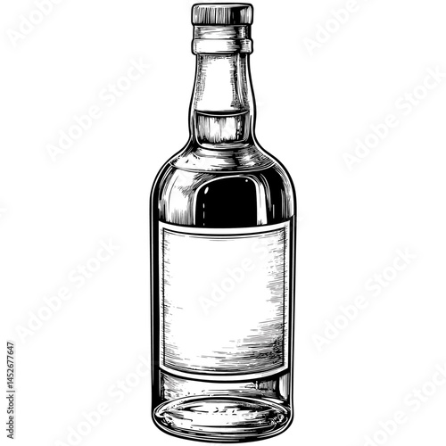Vintage Whisky Bottle, Blank Label, Old Engraving Style, Black Sketch, Woodcut Vector Illustration, Hand Drawn Alcohol Bottle, Antique Drink Art, Retro Liquor Label, rustic bar decor