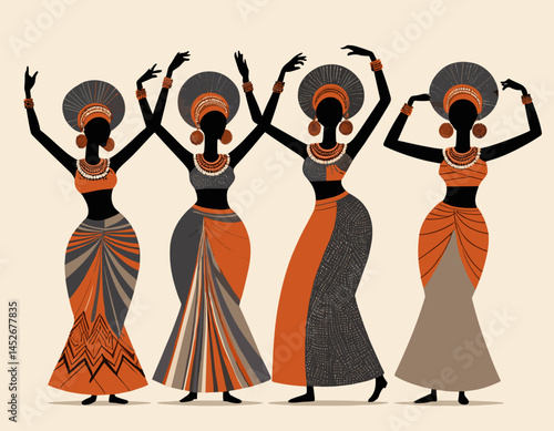 Stylized illustration of four dancing women in vibrant outfits and accessories against a light background