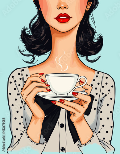 Stylized illustration of a stylish woman holding a teacup on a soft blue background