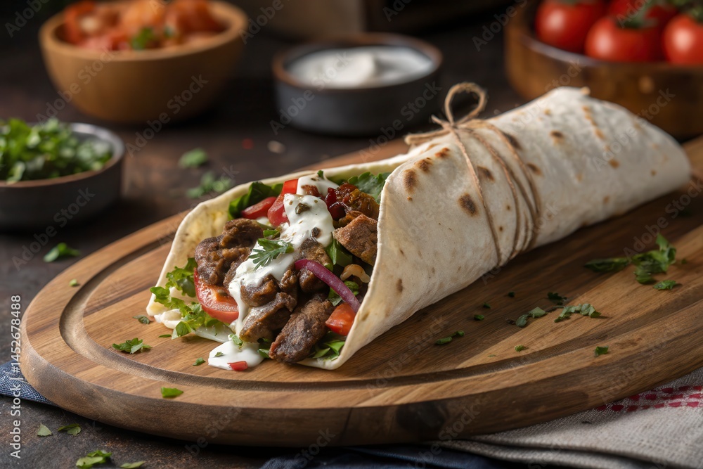 Tasty Beef Wrap in Soft Tortilla with Fresh Vegetables and Creamy Dressing Tasty Beef Wrap in Soft Tortilla with Fresh Vegetables and Creamy Dressing