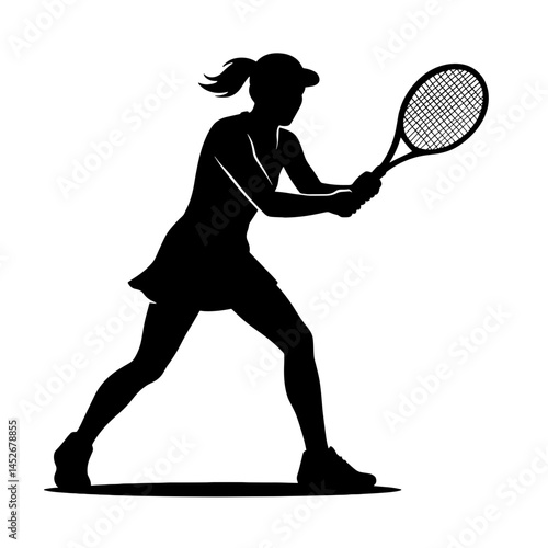 Female tennis player swinging racket in motion, silhouette style  