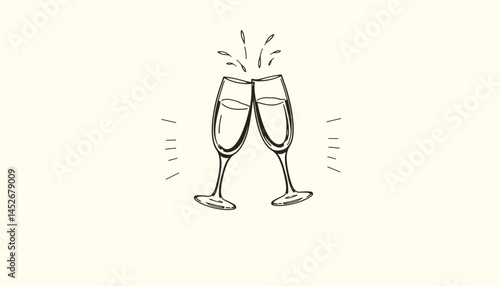 A minimalist line illustration of two champagne glasses clinking together, with splashes and celebratory elements