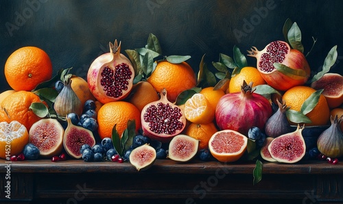 Vibrant still life figs pomegranates citrus fruits galore
