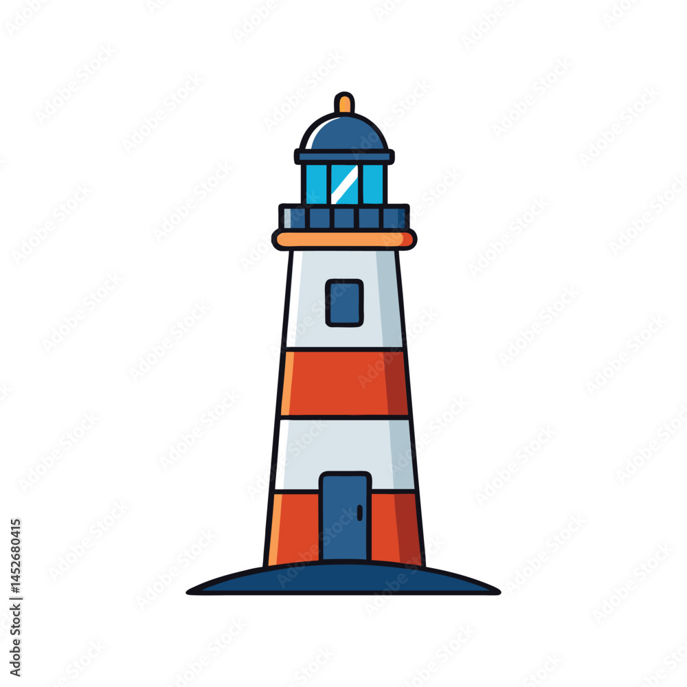 Lighthouse vector illustration, coastal beacon tower with light beam, maritime navigation and ocean safety Lighthouse vector illustration, coastal beacon tower with light beam, maritime navigation and ocean safety
