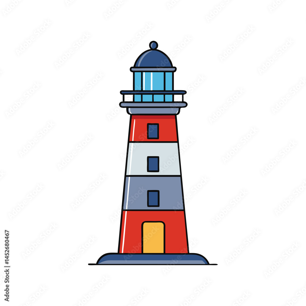 Lighthouse vector illustration, coastal beacon tower with light beam, maritime navigation and ocean safety Lighthouse vector illustration, coastal beacon tower with light beam, maritime navigation and ocean safety