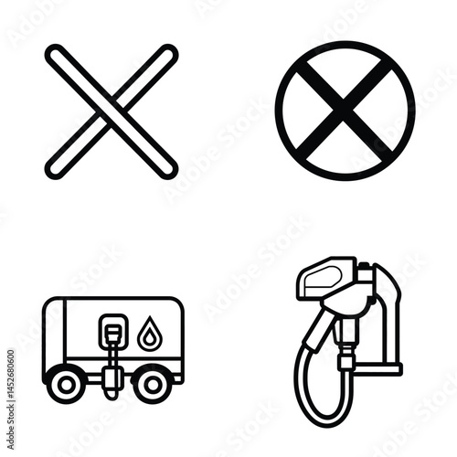 Fuel Nozzle and Oil Tanker Line Art Icons on Transparent Background Transportation Concept