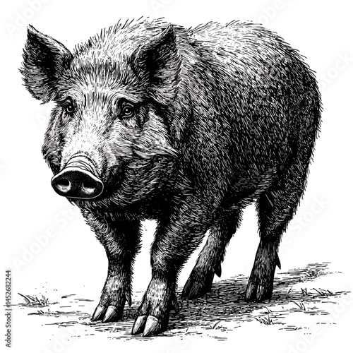 Wild boar, vintage, old engraving style, sketch, woodcut vector illustration, forest animal, rustic wildlife art, black and white drawing, boar head art, hunting theme, antique print