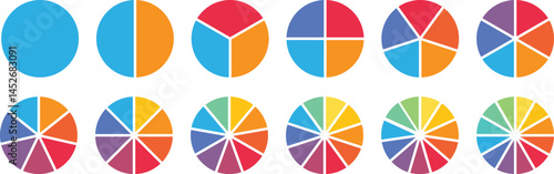 Pie chart color icons. Segment slice sign. Circle section graph. 1,2,3,4,5,6,7,8,9,10,11,12 segment infographic. Pie chart set. Wheel round diagram part symbol. Three phase, six circular cycle.