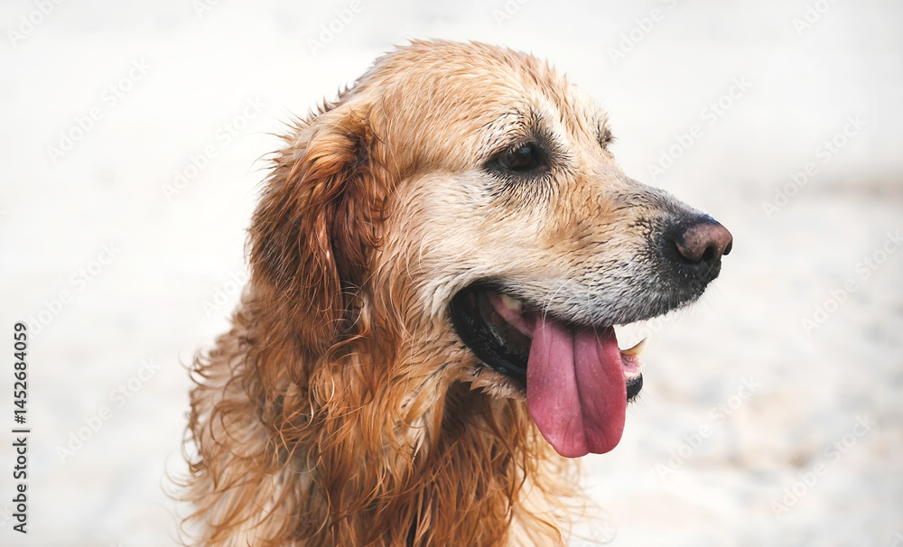 Obraz premium Adorable Golden Retriever On A Sandy Beach
