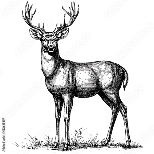 Old Engraving Style Deer, Vintage Vector, Woodcut Sketch, Standing Wildlife Animal, Forest Scene, Rustic Nature Art, Traditional Hunting Image, Antler Wildlife Illustration,