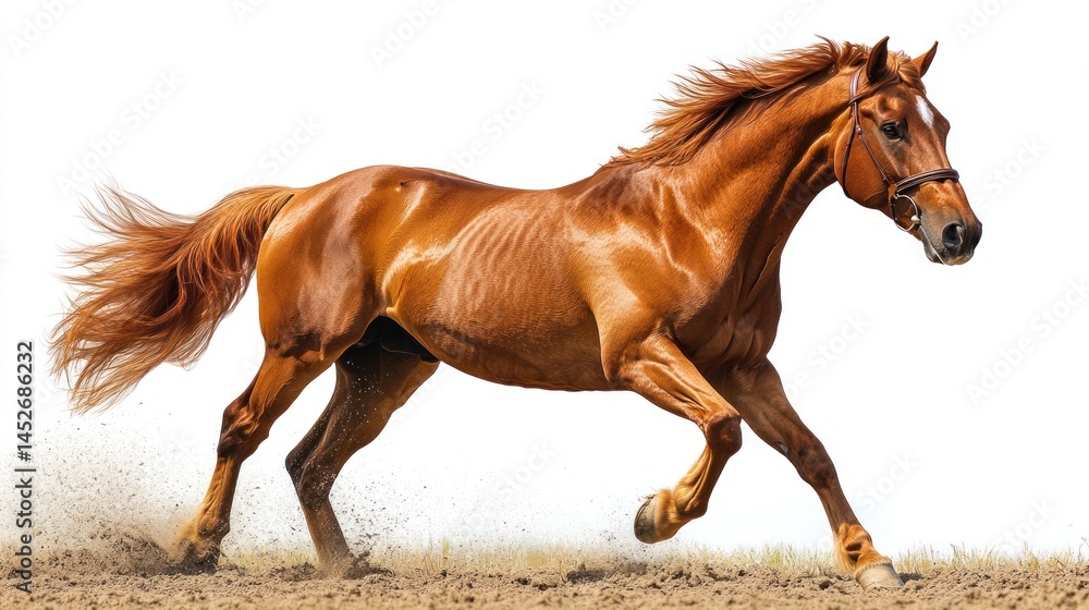 Obraz premium Chestnut horse galloping on dirt against white background