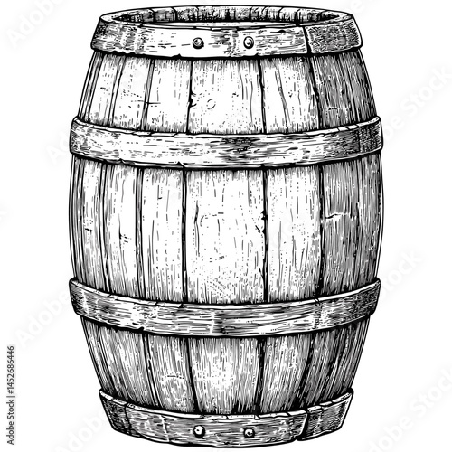 Vintage engraving style, wooden barrel vector illustration, old sketch, black ink drawing, antique container, rustic wine storage, wood cask art, retro brewery equipment,