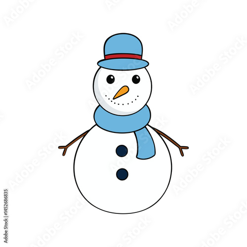 Snowman vector illustration, cute winter holiday snow figure with hat and scarf, Christmas season decoration design